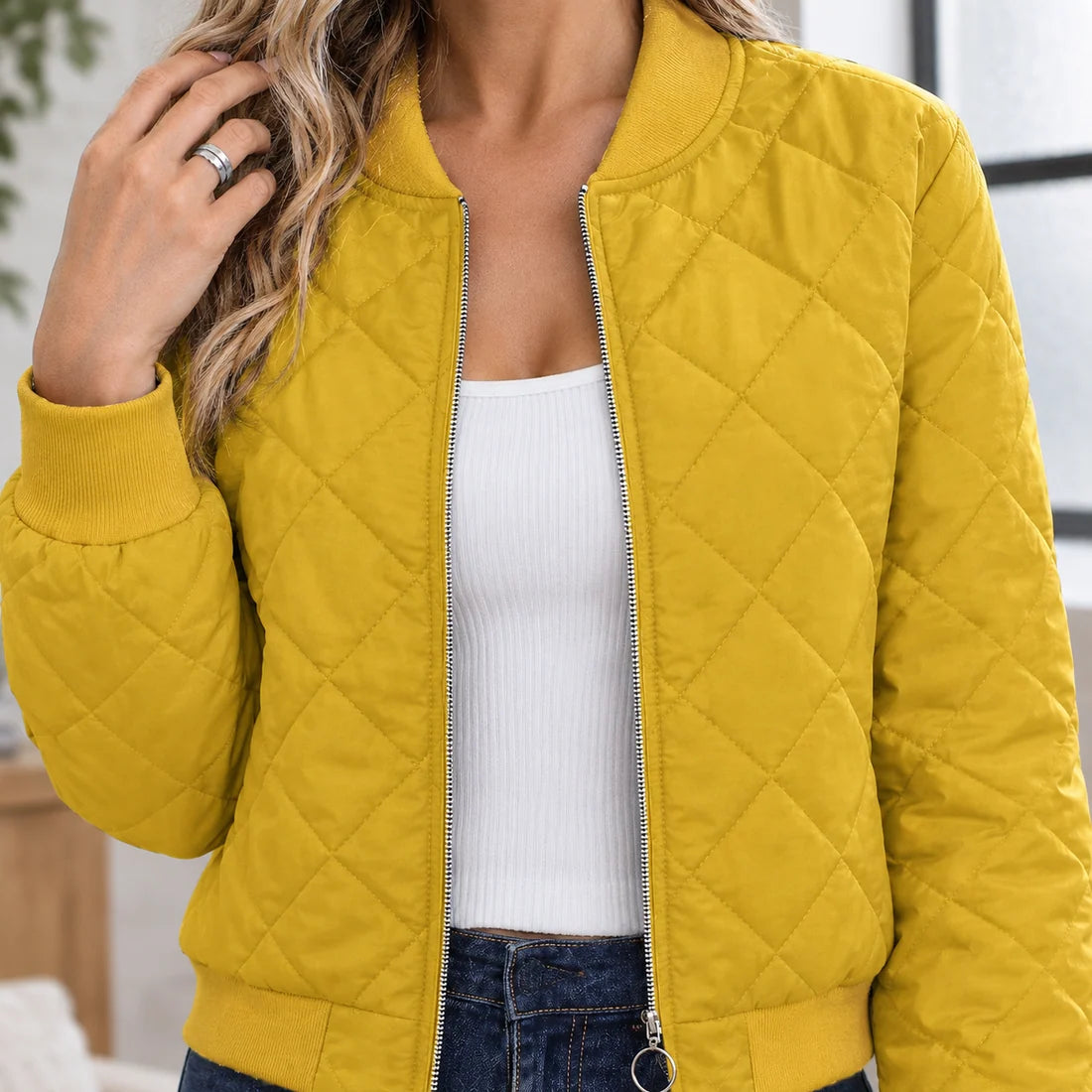 Aria | Women's Diamond Quilted Bomber Jacket with Pockets