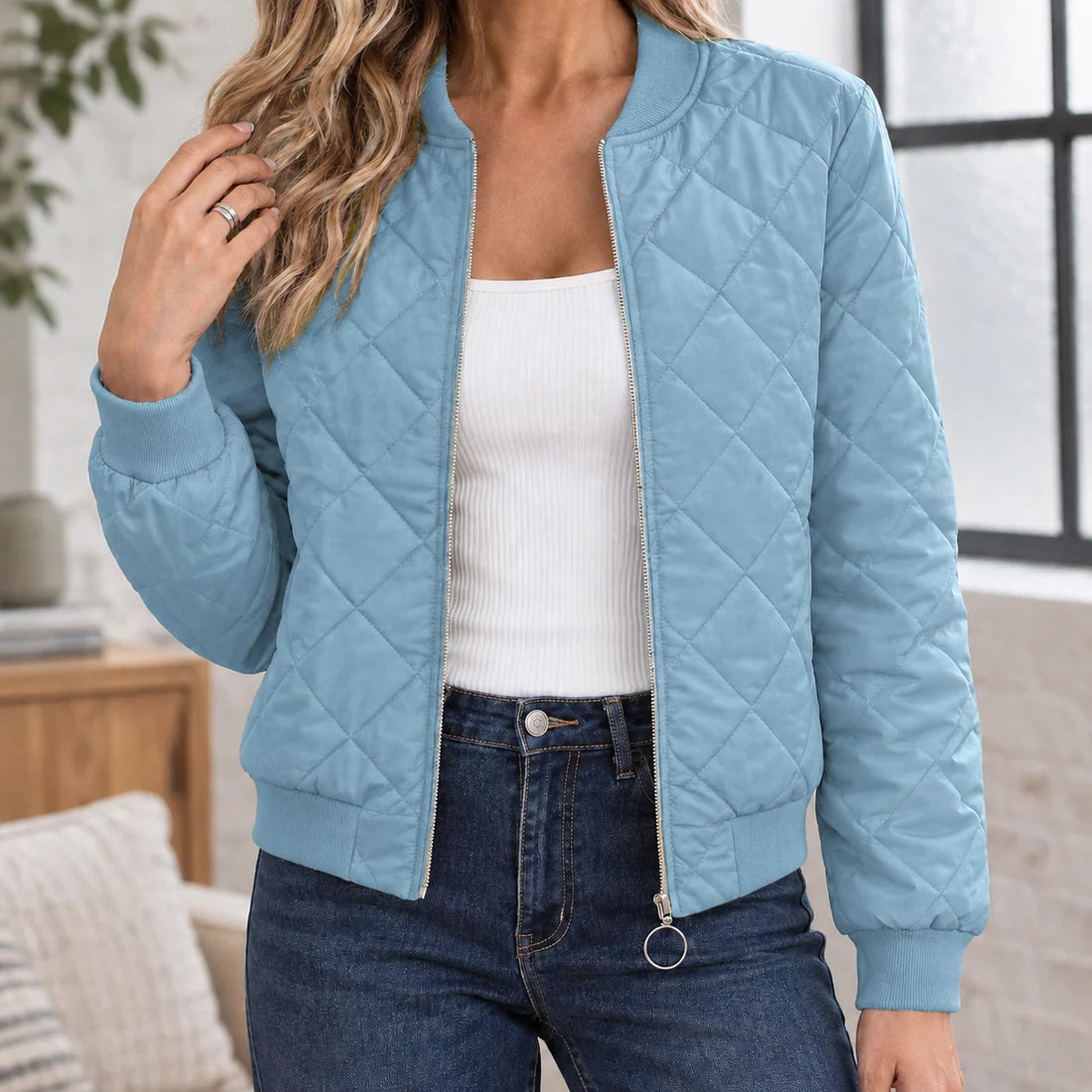 Aria | Women's Diamond Quilted Bomber Jacket with Pockets
