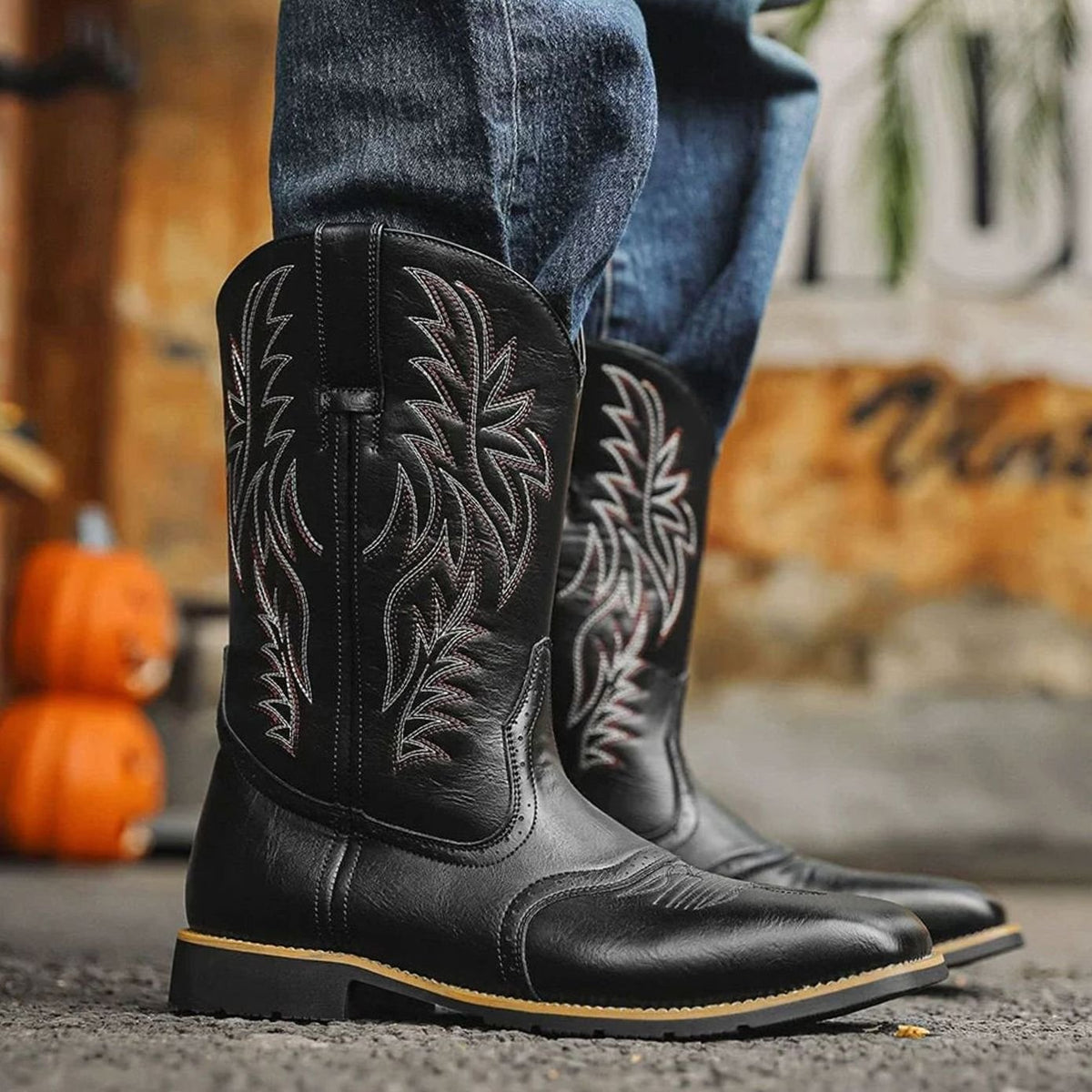 Men's Black Leather Embroidered Cowboy Boots