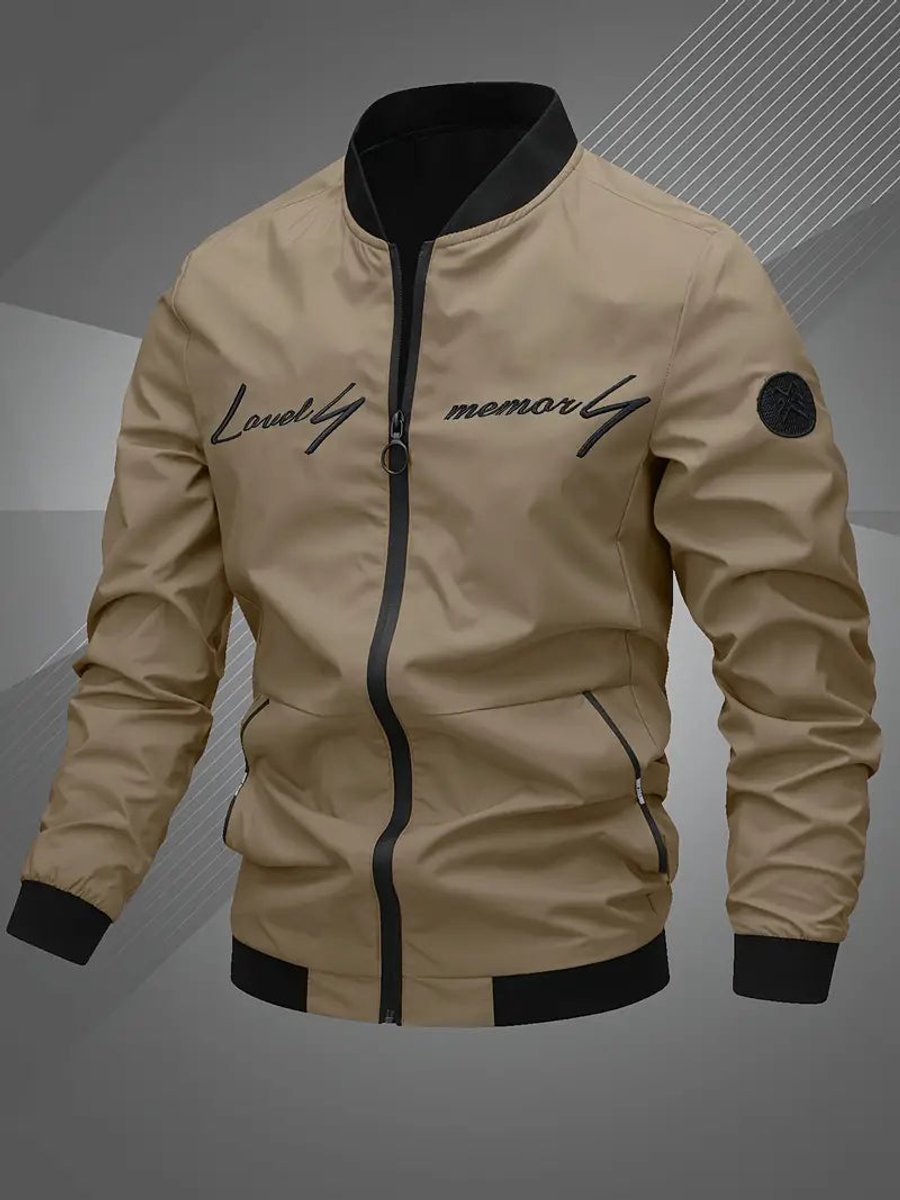 Men's Bomber Jacket Lightweight Full-Zip Polyester Baseball Collar - Khaki
