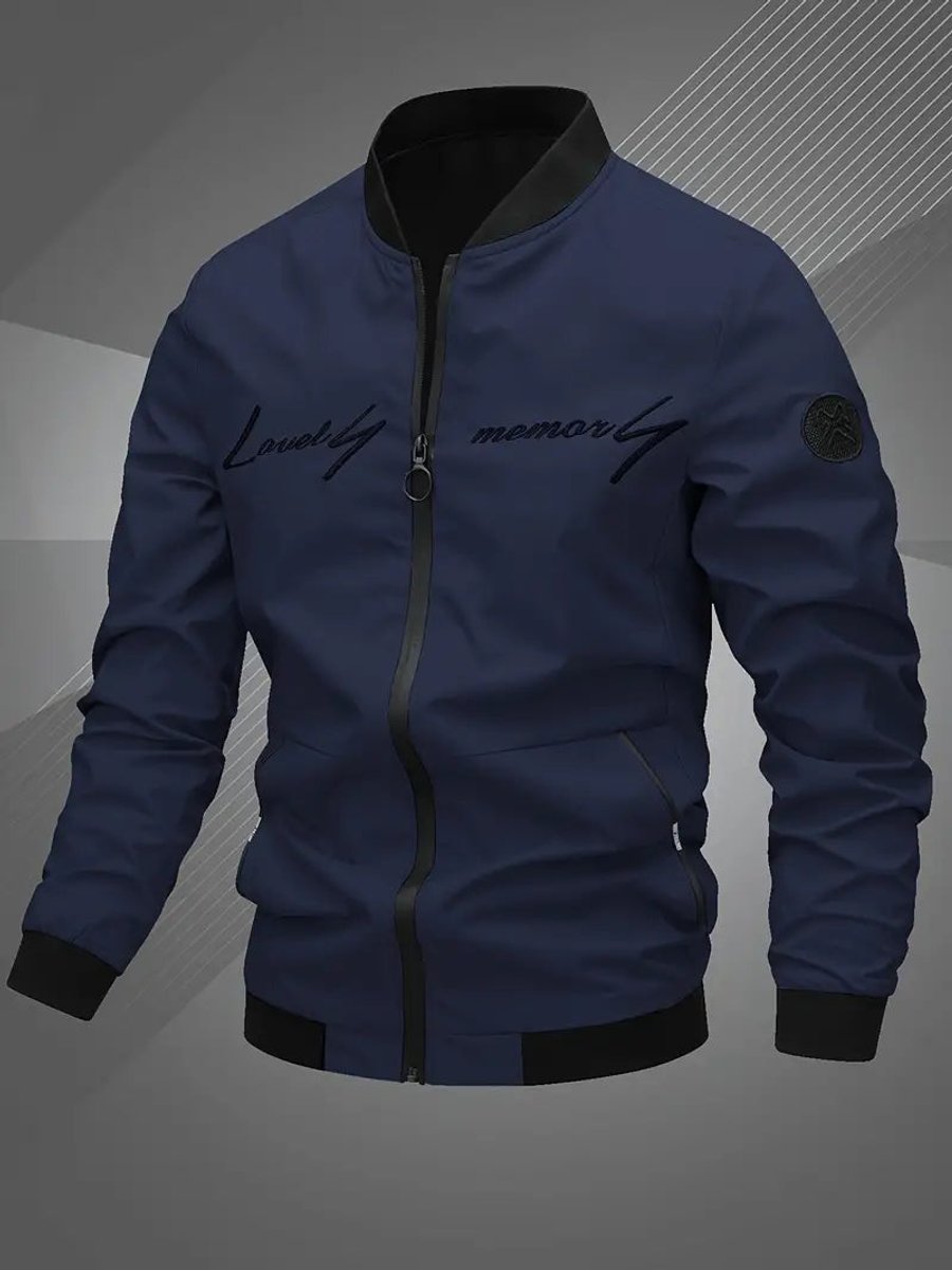 Men's Bomber Jacket Lightweight Full-Zip Polyester Baseball Collar - Navy Blue