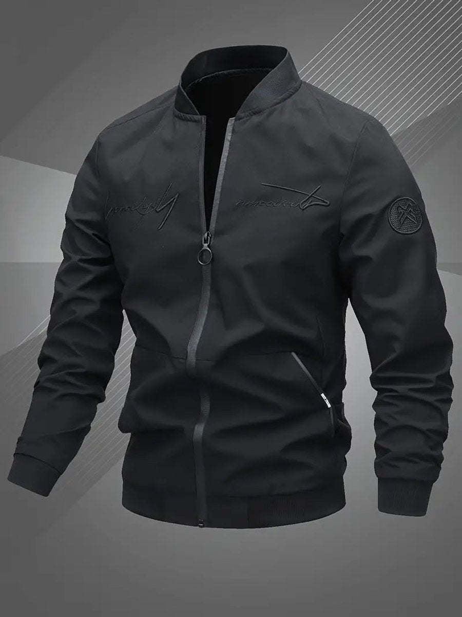 Men's Bomber Jacket Lightweight Full-Zip Polyester Baseball Collar - Black