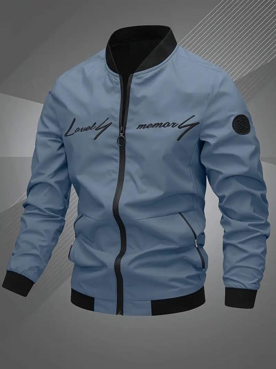 Men's Bomber Jacket Lightweight Full-Zip Polyester Baseball Collar - Fog Blue
