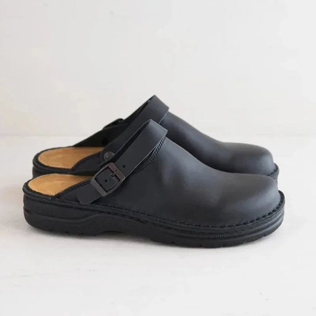 Men's Buckle-Strap Leather Slip-On Clog Mules - Black