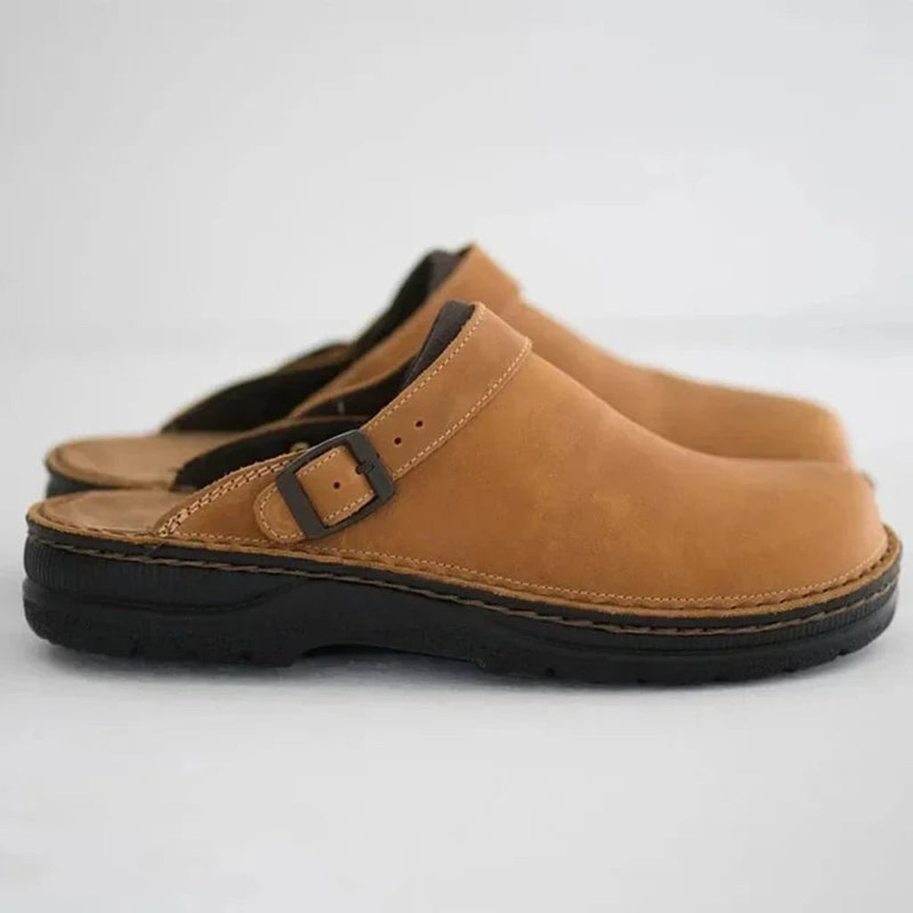 Men's Buckle-Strap Leather Slip-On Clog Mules - Khaki