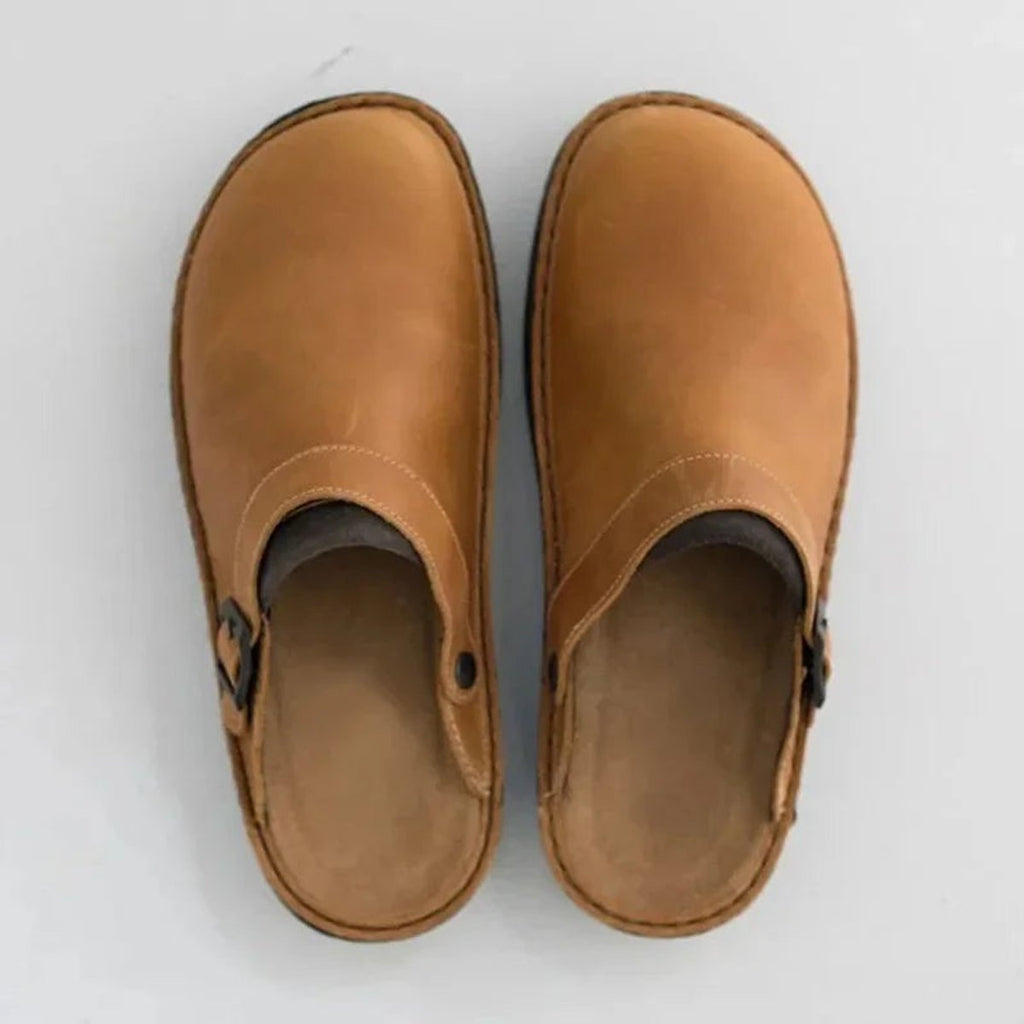 Men's Buckle-Strap Leather Slip-On Clog Mules