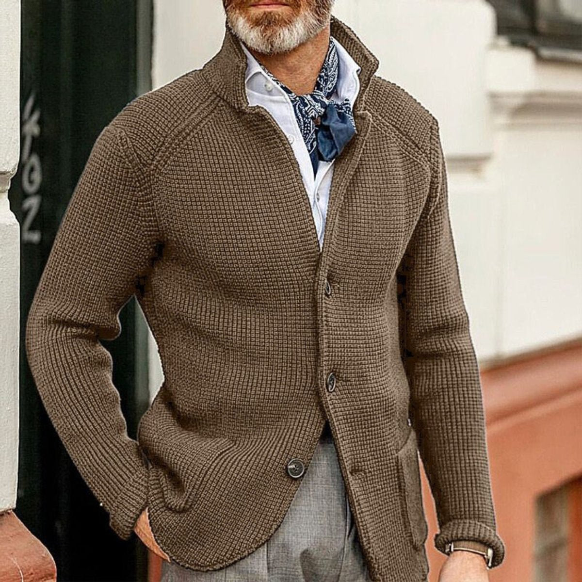 Men's Button-Front Waffle-Knit Cardigan Sweater - Brown