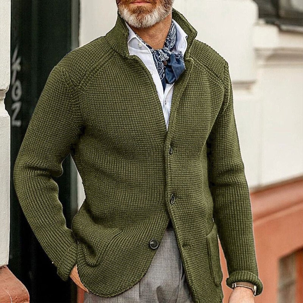 Men's Button-Front Waffle-Knit Cardigan Sweater - Green