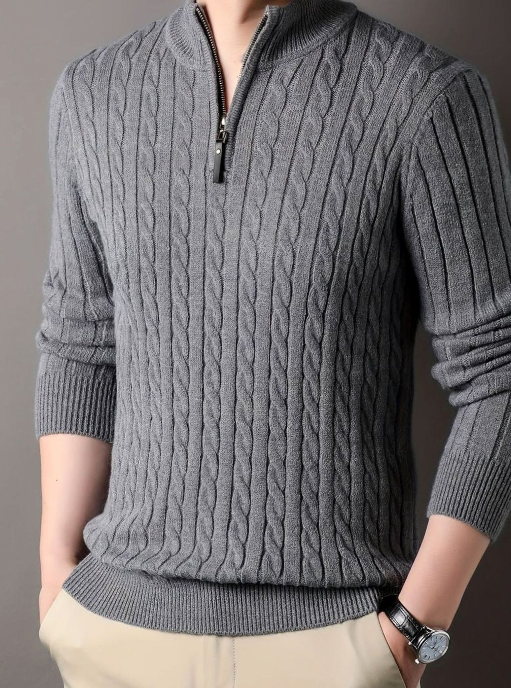 Men's Cable-Knit Half-Zip Winter Sweater - Gray