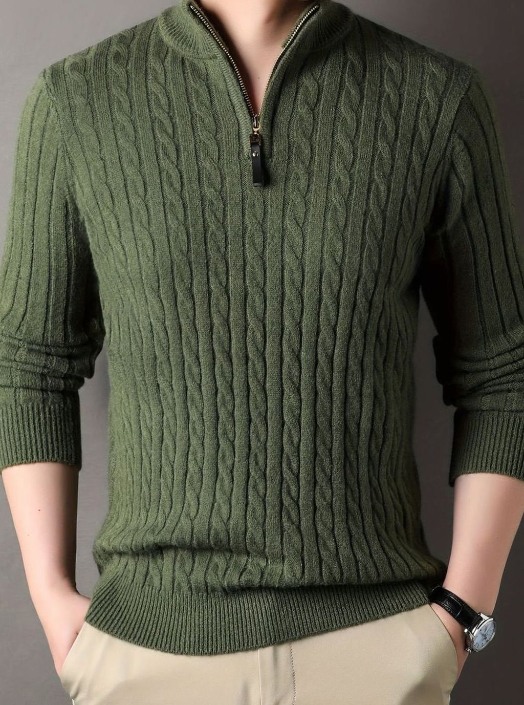 Men's Cable-Knit Half-Zip Winter Sweater