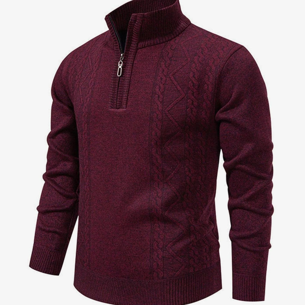 Men's Cable-Knit Quarter-Zip Stand-Collar Pullover Sweater
