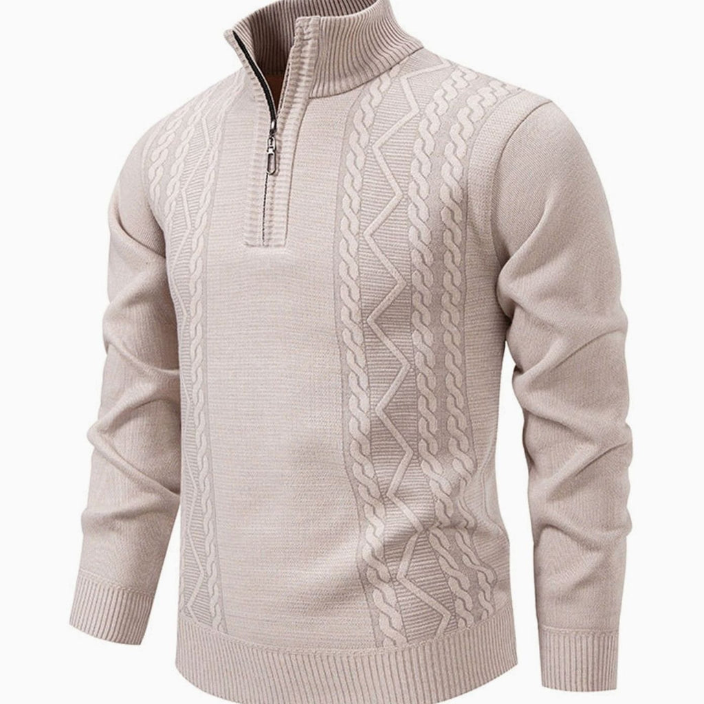 Men's Cable-Knit Quarter-Zip Stand-Collar Pullover Sweater