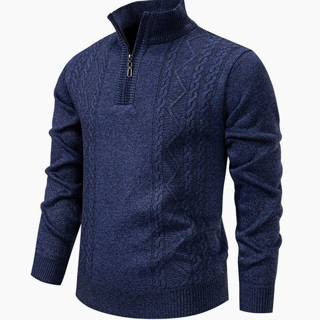 Men's Cable-Knit Quarter-Zip Stand-Collar Pullover Sweater