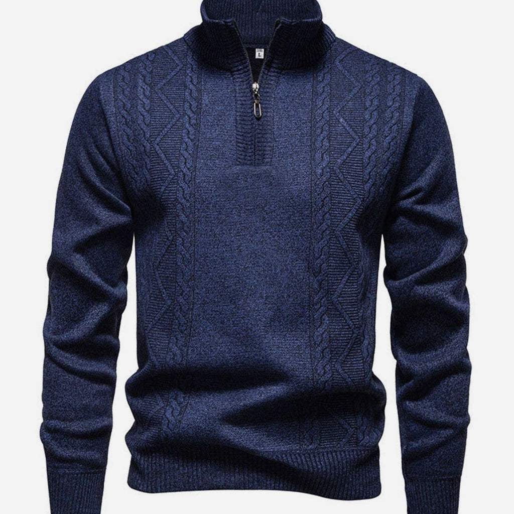 Men's Cable-Knit Quarter-Zip Stand-Collar Pullover Sweater - Dark Gray