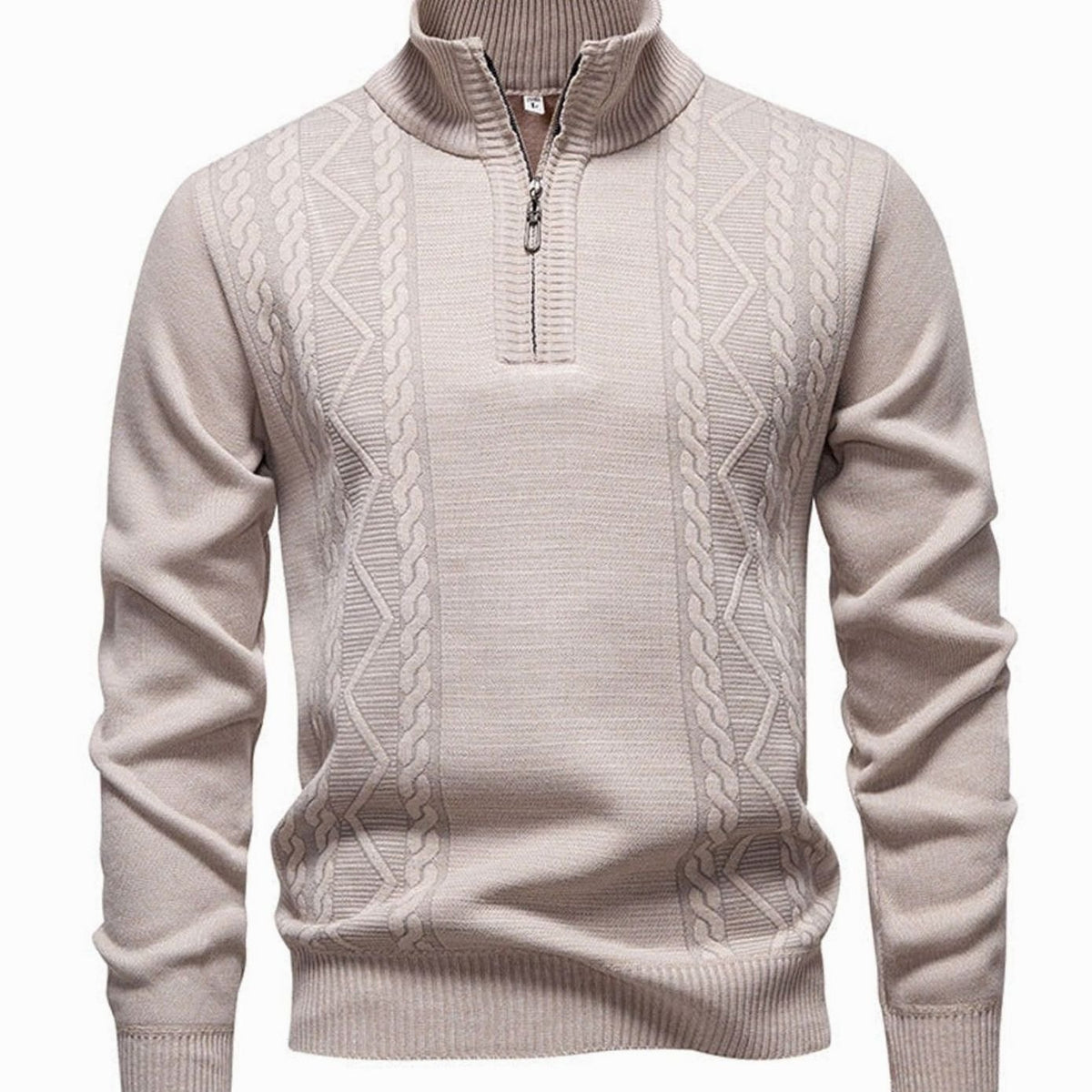 Men's Cable-Knit Quarter-Zip Stand-Collar Pullover Sweater - Beige