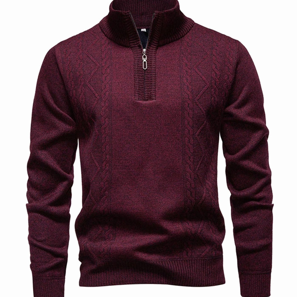 Men's Cable-Knit Quarter-Zip Stand-Collar Pullover Sweater - Burgundy