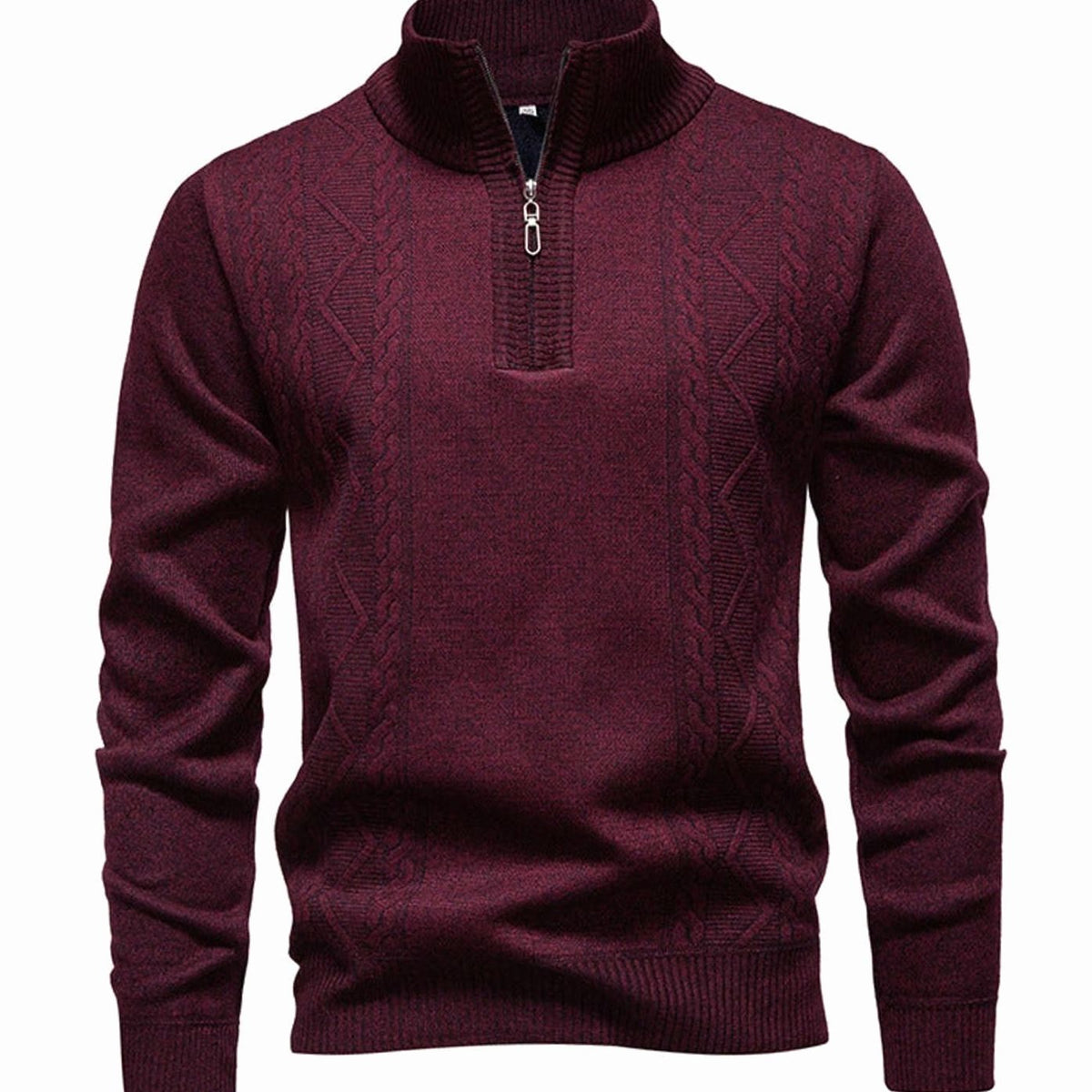 Men's Cable-Knit Quarter-Zip Stand-Collar Pullover Sweater - Burgundy