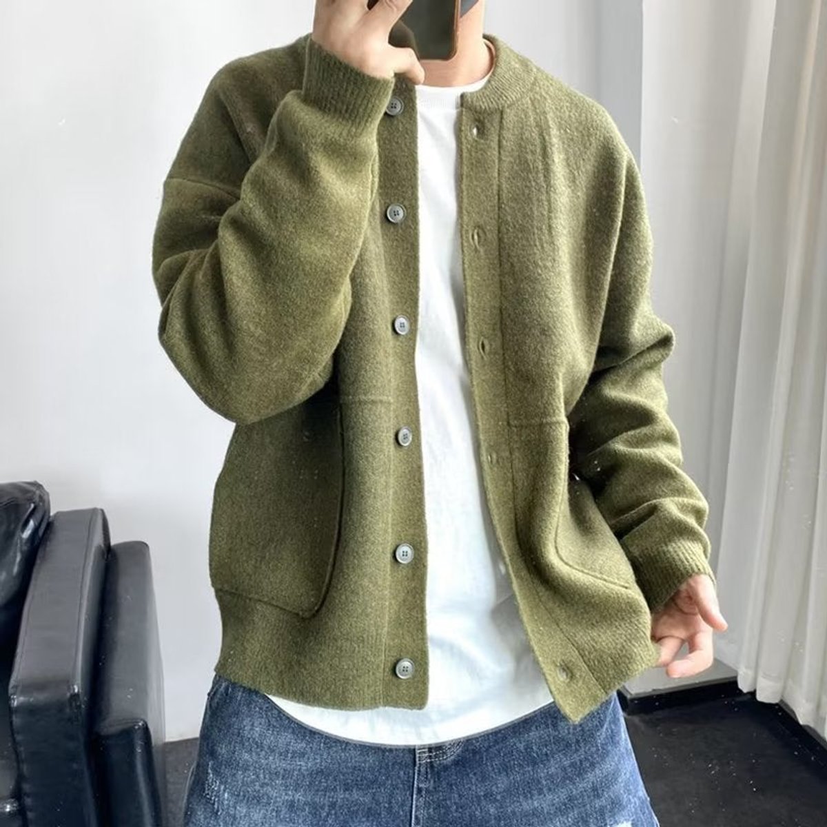 Mens Cardigan Relaxed-Fit Button-Up Knit Sweater Jacket - Green