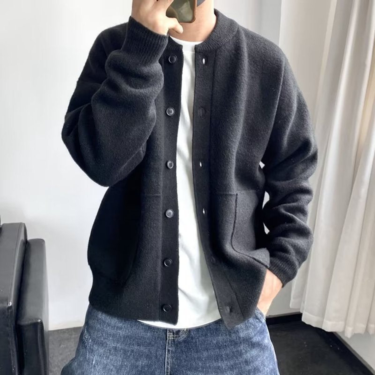 Mens Cardigan Relaxed-Fit Button-Up Knit Sweater Jacket - Black