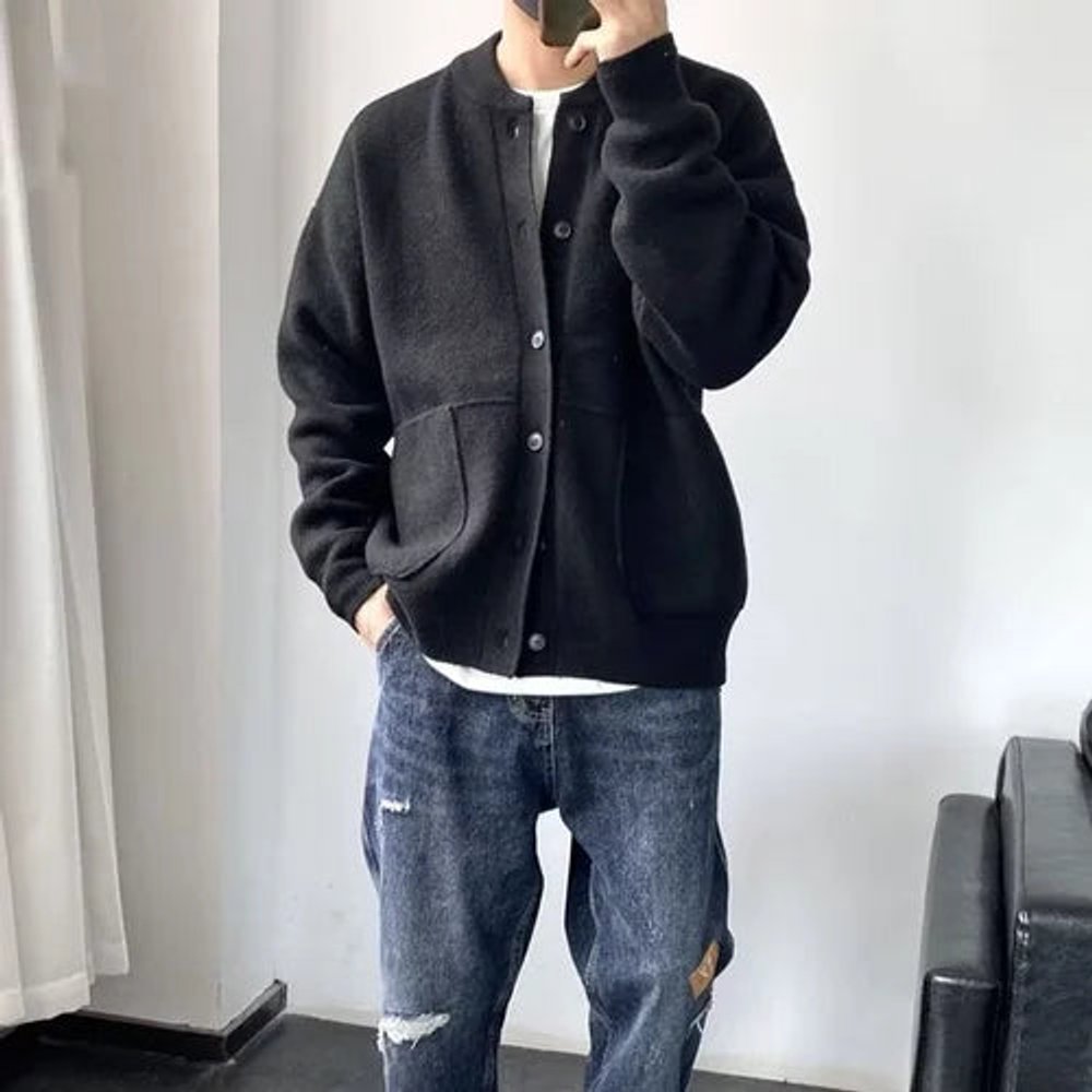 Mens Cardigan Relaxed-Fit Button-Up Knit Sweater Jacket