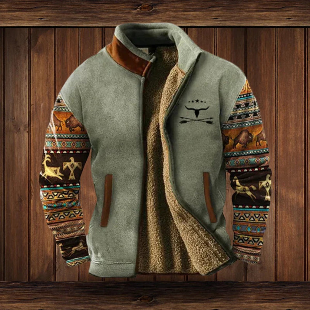Mens Cardigan Sherpa-Lined Full-Zip Western Aztec Fleece Jacket - Gray with Print