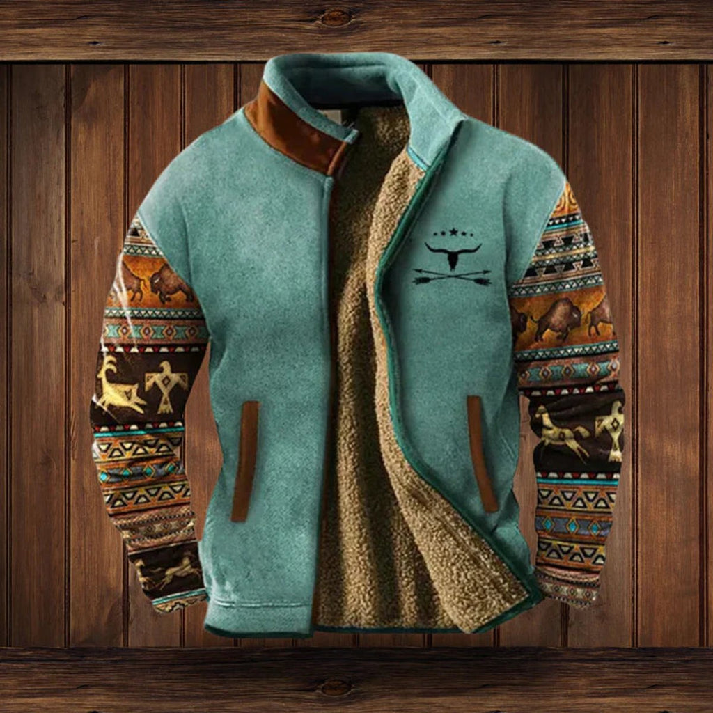 Mens Cardigan Sherpa-Lined Full-Zip Western Aztec Fleece Jacket - Blue with Print