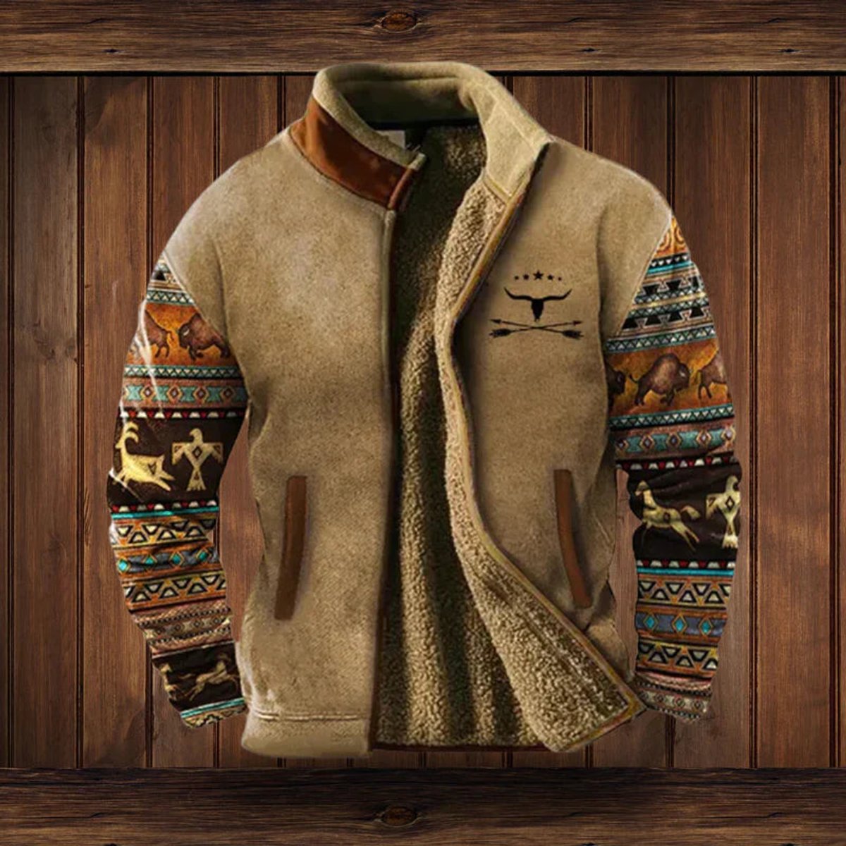Mens Cardigan Sherpa-Lined Full-Zip Western Aztec Fleece Jacket - Brown with Print