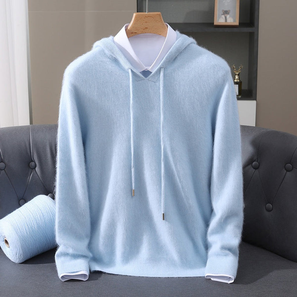 Men's Cashmere Hooded Pullover Mens Sweater Drawstring - Blue