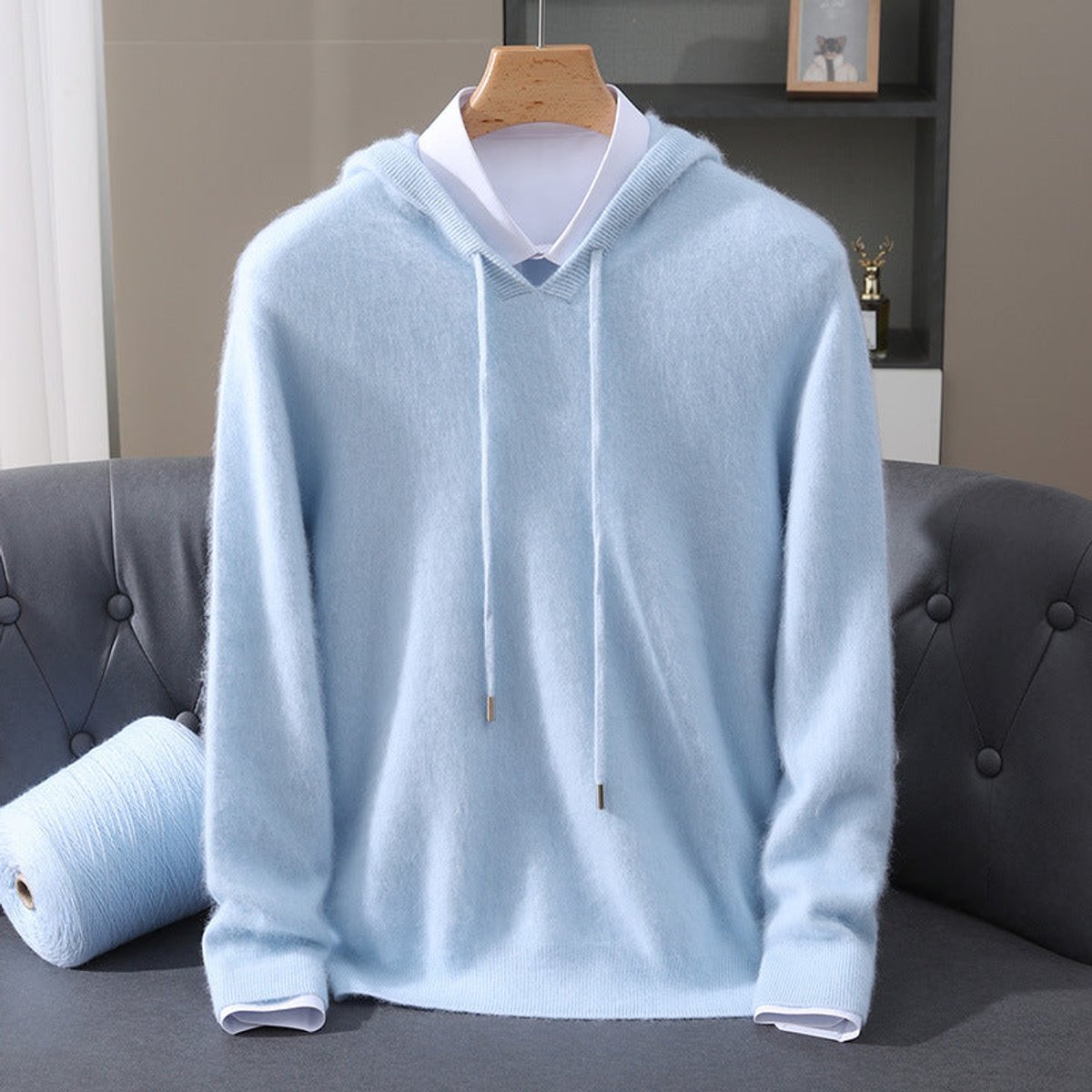 Men's Cashmere Hooded Pullover Mens Sweater Drawstring - Blue