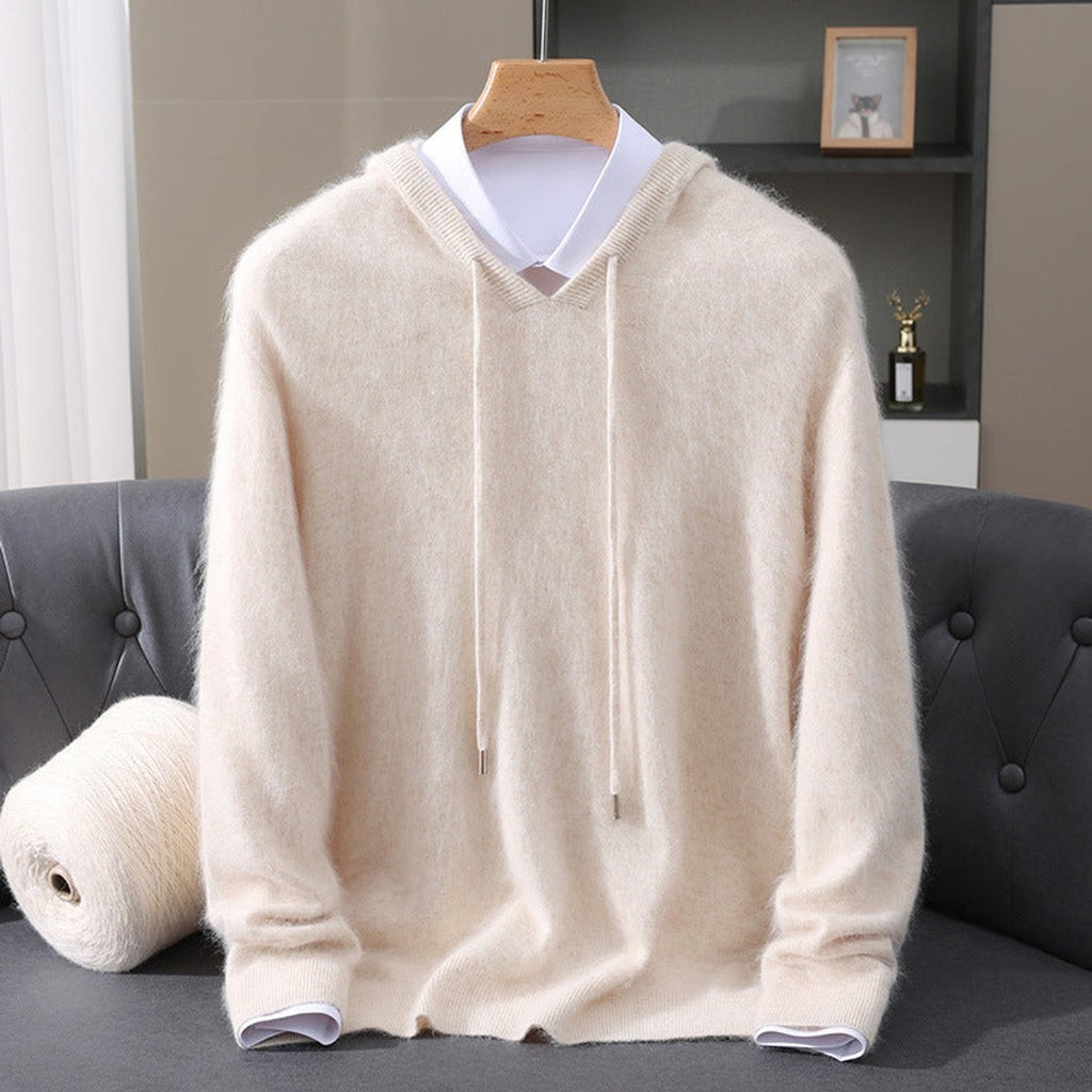 Men's Cashmere Hooded Pullover Mens Sweater Drawstring - Cream