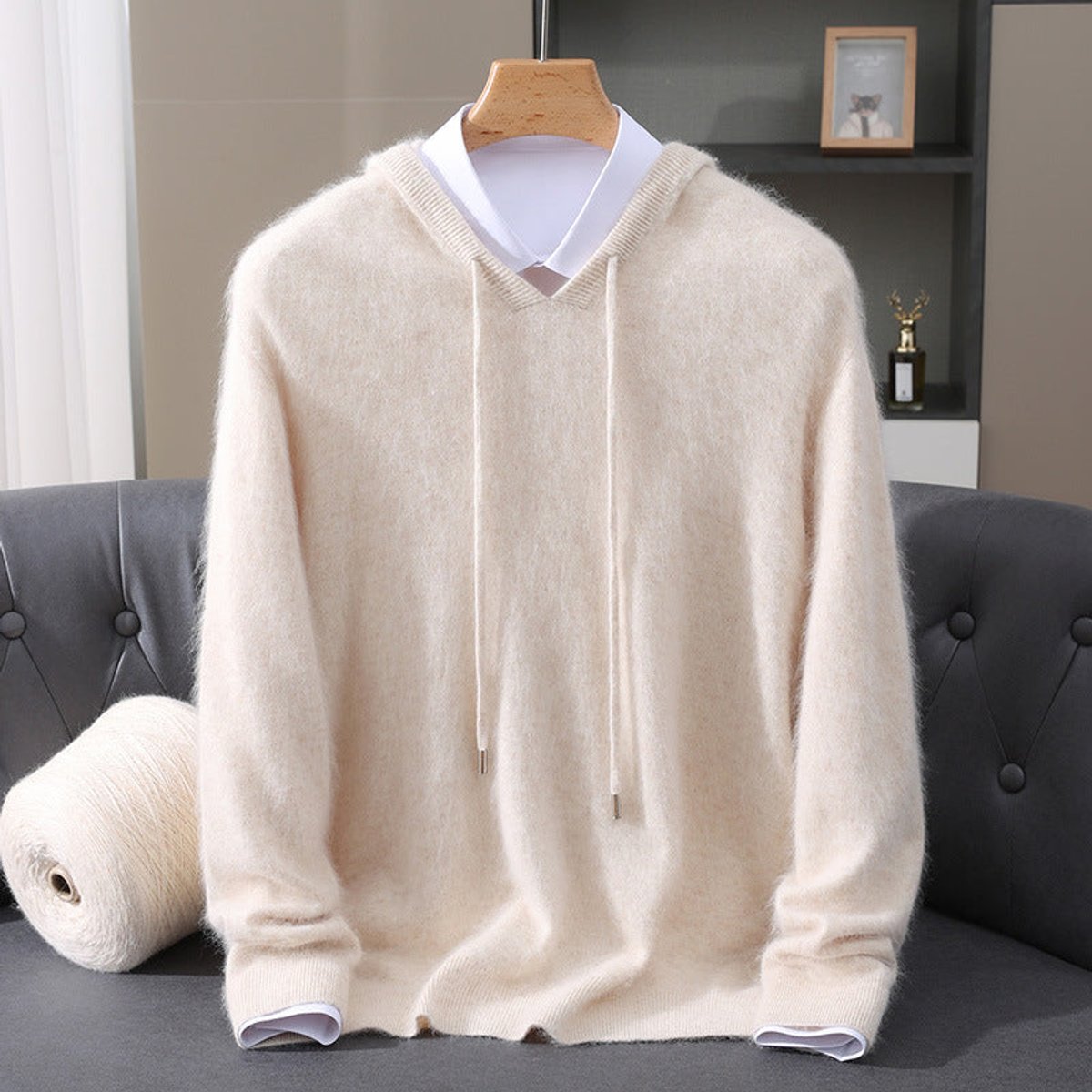 Men's Cashmere Hooded Pullover Mens Sweater Drawstring - Cream