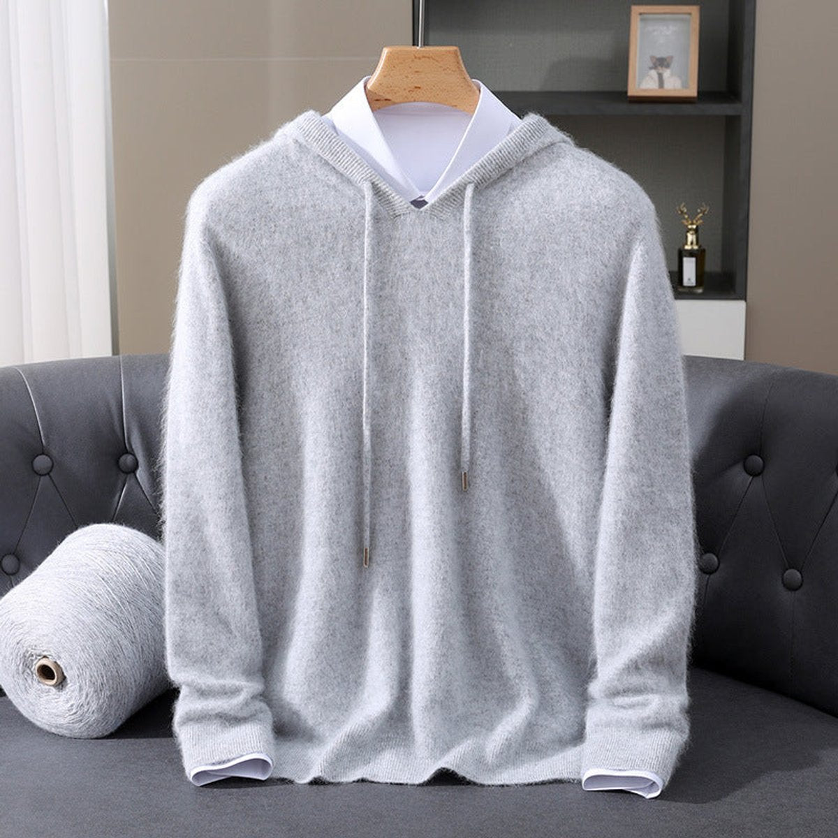 Men's Cashmere Hooded Pullover Mens Sweater Drawstring - Gray
