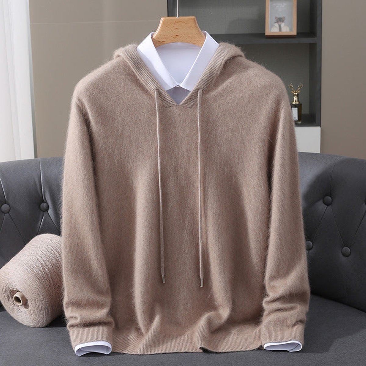 Men's Cashmere Hooded Pullover Mens Sweater Drawstring - Camel