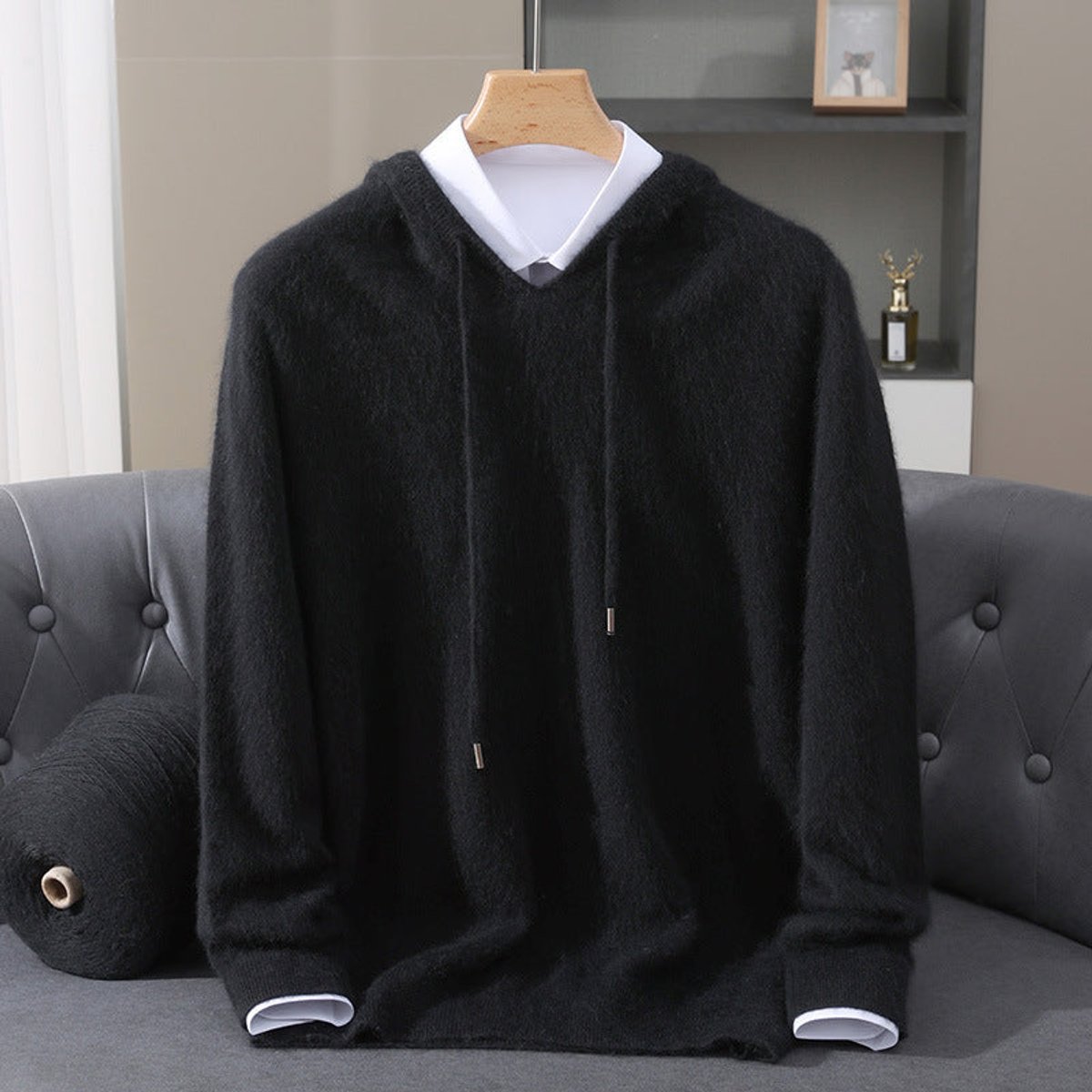 Men's Cashmere Hooded Pullover Mens Sweater Drawstring - Black