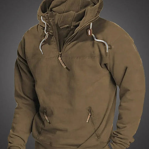 Men's Casual Long Sleeve Hoodie Half-Zip Drawstring Pullover - Brown