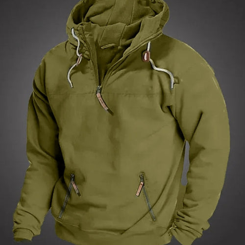 Men's Casual Long Sleeve Hoodie Half-Zip Drawstring Pullover - Green