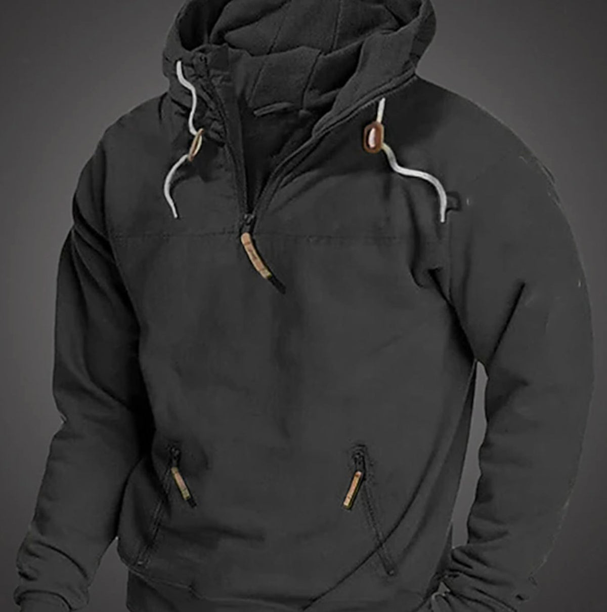 Men's Casual Long Sleeve Hoodie Half-Zip Drawstring Pullover - Black