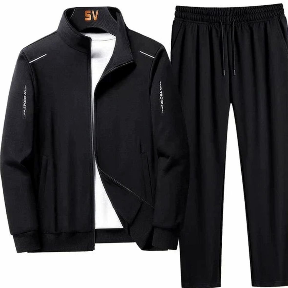 Men's Casual Tracksuit Two-Piece Zip-Up Jogger Set - Black