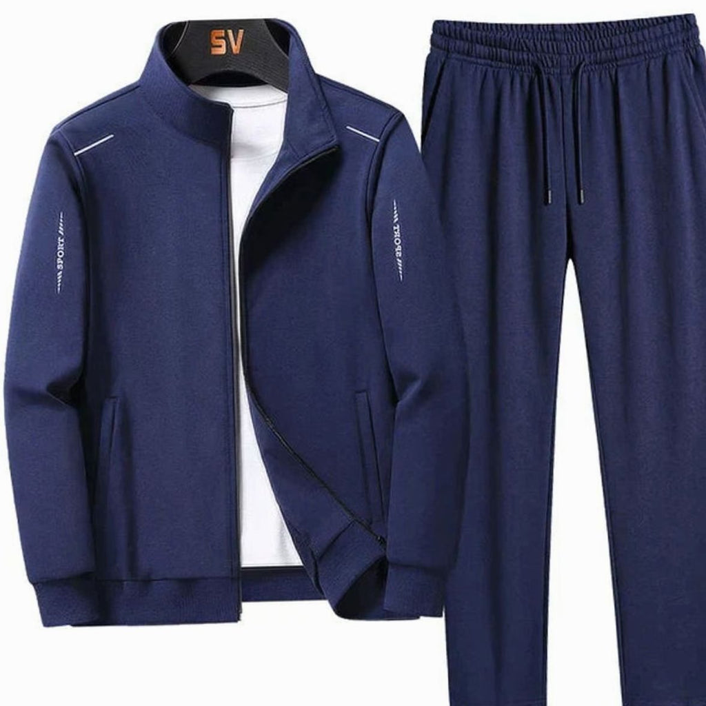 Men's Casual Tracksuit Two-Piece Zip-Up Jogger Set - Dark Blue