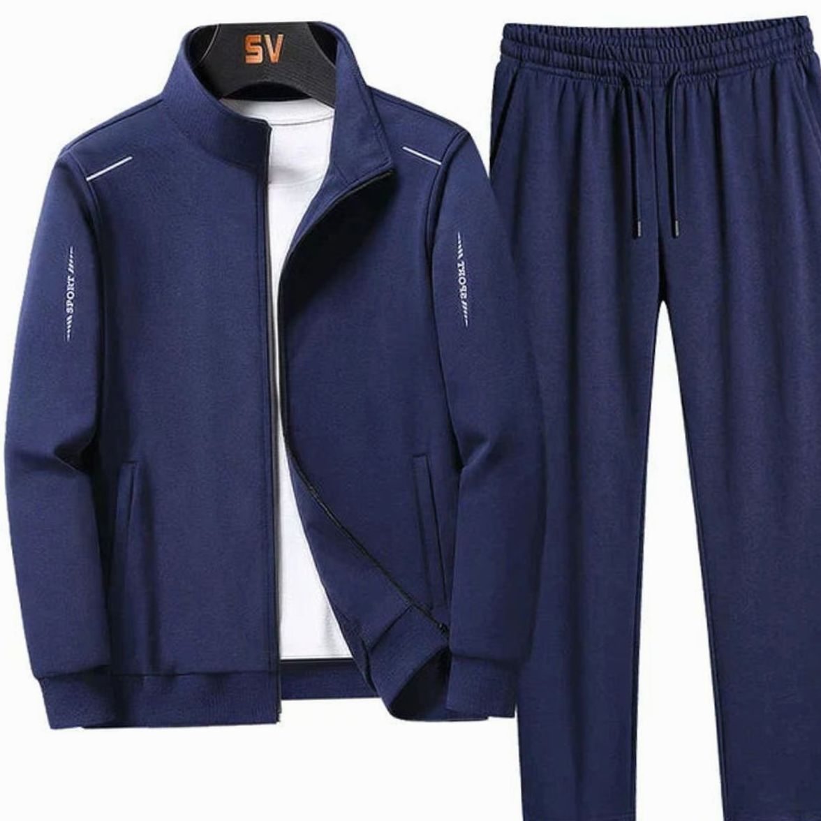 Men's Casual Tracksuit Two-Piece Zip-Up Jogger Set - Dark Blue