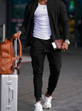 Men's Casual Travel Tracksuit Zip-Up Jacket Tapered Jogger Set - Black
