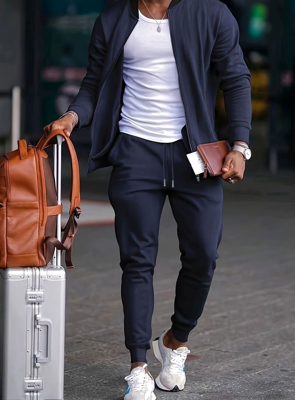Men's Casual Travel Tracksuit Zip-Up Jacket Tapered Jogger Set - Navy Blue