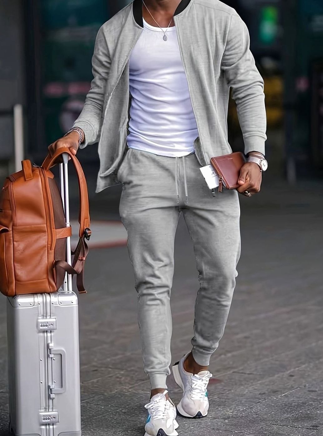 Men's Casual Travel Tracksuit Zip-Up Jacket Tapered Jogger Set - Grey