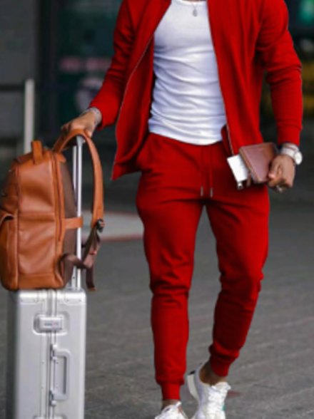 Men's Casual Travel Tracksuit Zip-Up Jacket Tapered Jogger Set - Red