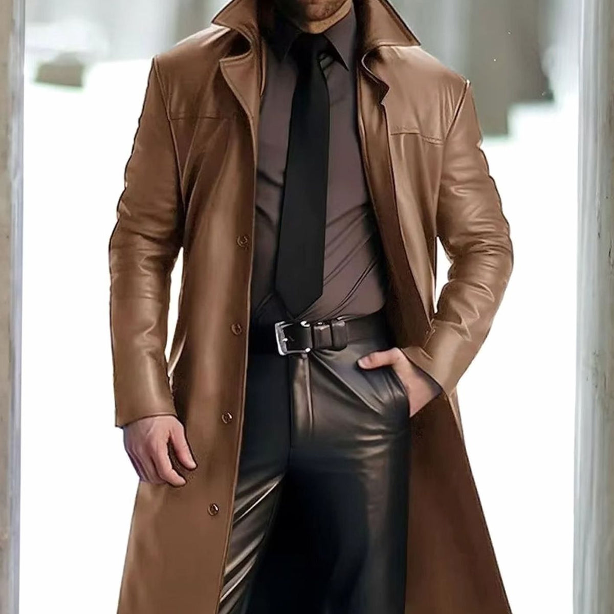 Men's Classic Button-Down Long Faux Leather Trench Coat - Khaki