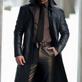 Men's Classic Button-Down Long Faux Leather Trench Coat - Black
