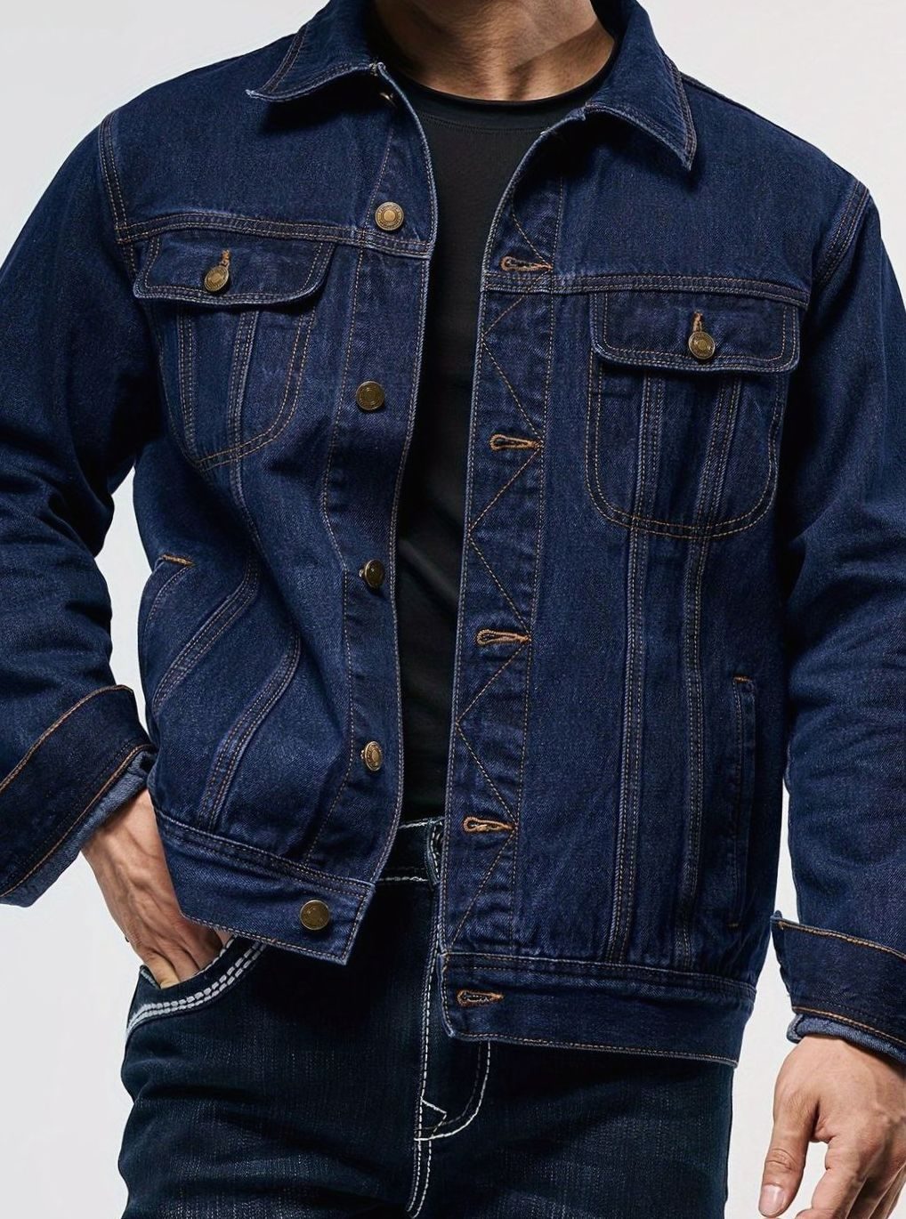 Men's Classic Button-Front Regular-Fit Denim Trucker Jacket - Navy Blue