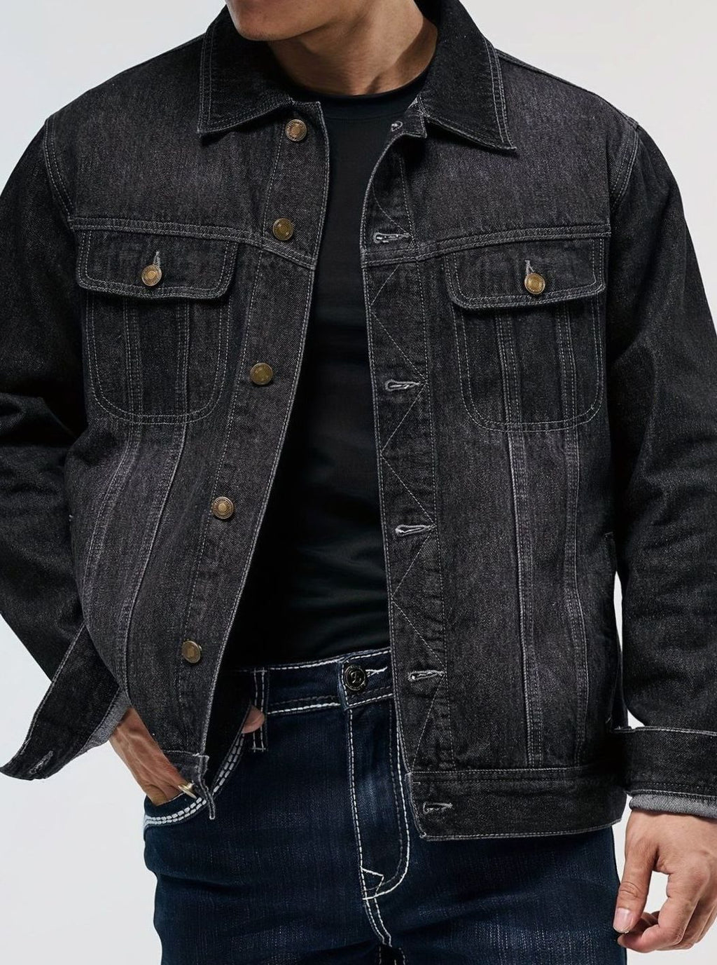 Men's Classic Button-Front Regular-Fit Denim Trucker Jacket - Black