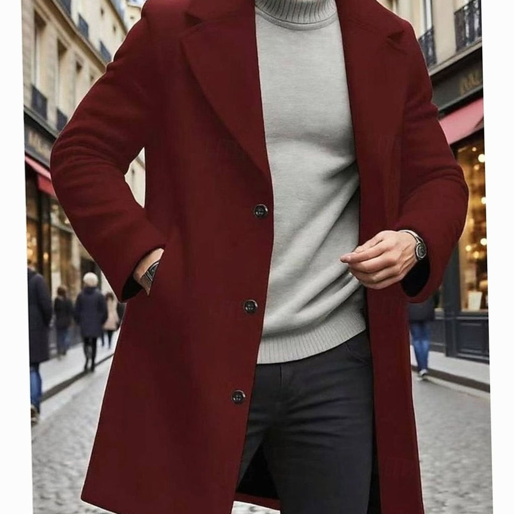Men's Classic Long Wool Overcoat Single-Breasted Notch Lapel - Red