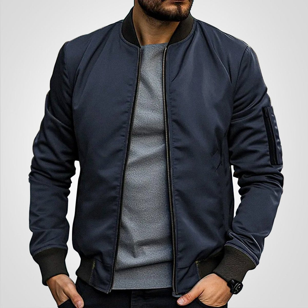 Men's Classic Zip-Up Bomber Jacket Ribbed Collar Cuffs - Dark Navy